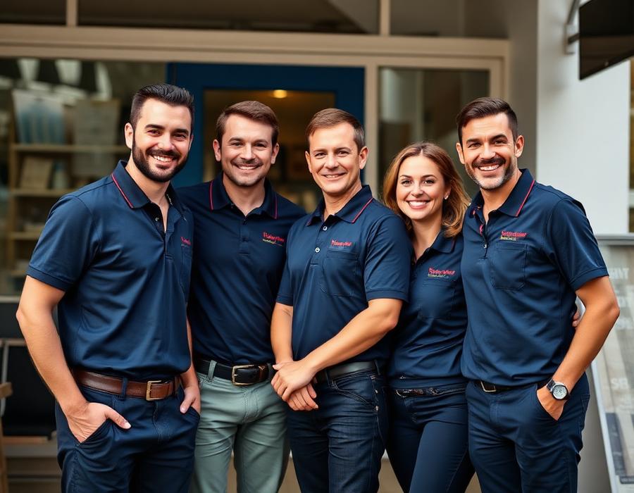 Small business employees wearing matching embroidered navy work polos outside their shop